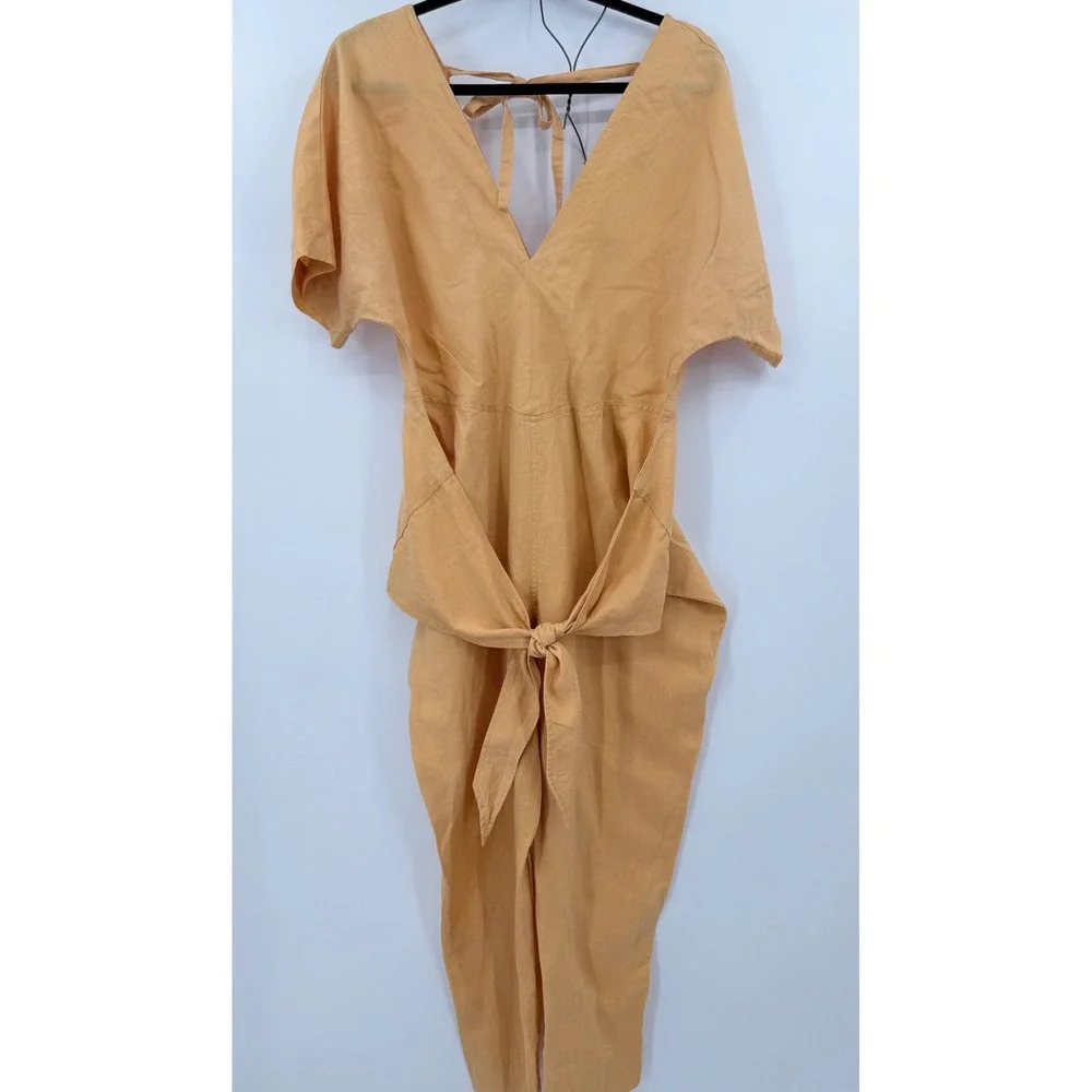 Free People Jumpsuit Womens XS Orange Tie Front Linen Blend Oversized Open Back